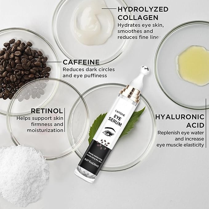 2-in-1 Eye Serum Set - Caffeine & Retinol Eye Cream + Bee Venom & Hyaluronic Acid Eye Serum, 360° Roller for Dark Circles, Puffiness & Fine Lines, Day & Night Duo