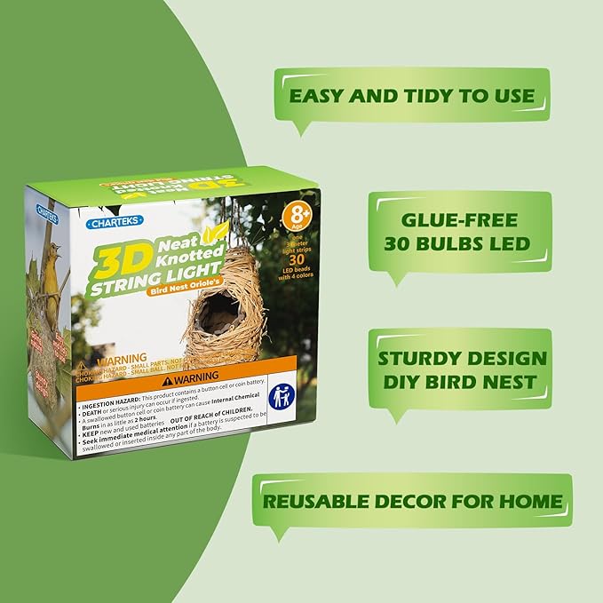 CHARTEKS Bird Nest Craft Kit with LED String Lights - DIY Nature Arts and Crafts STEM Project for Kids & Adults, Creative Home Decor Gift for Boys Girls Ages 8-12