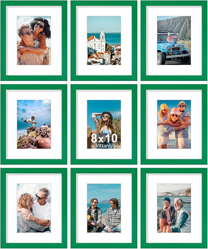 Vittanly 8x10 Picture Frames Set of 9 for Wall or Tabletop Display, Green | Display Pictures 5x7 with Mat or 8x10 without Mat, Small Photo Frames, Engineered Wood with Shatter Resistant Plexiglass