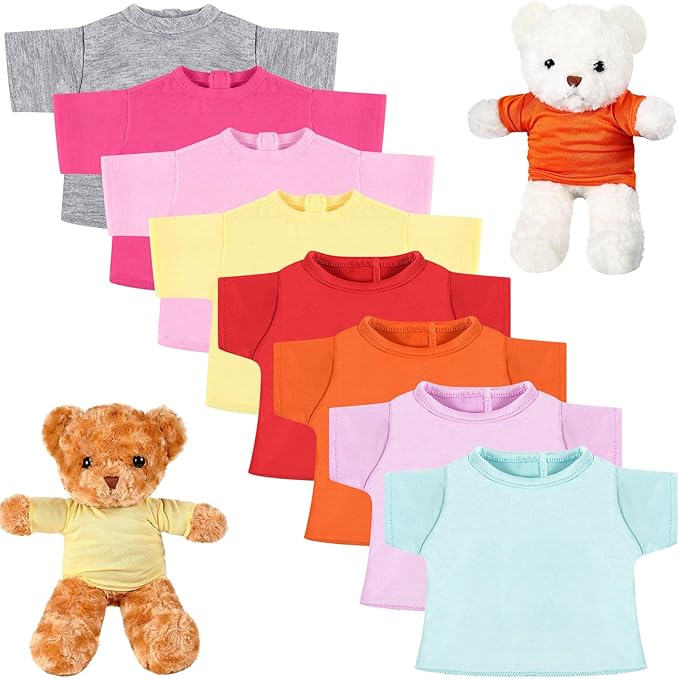 Jecery 8 Pcs Colorful Bear Clothes Tee Shirt Fit 14-18 Inches Bears Sublimation Stuffed Cute Tiny DIY Make Your Own Plush Doll(Light)
