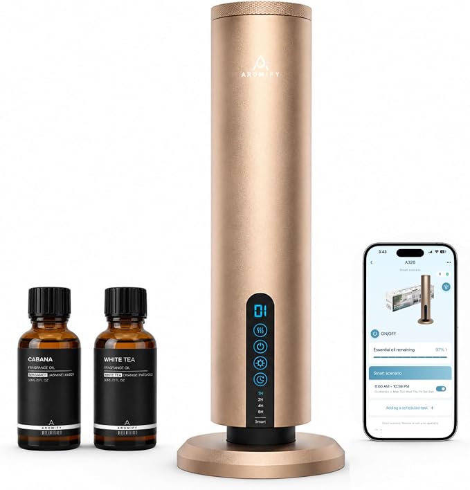 Breeze Waterless Diffuser, Cordless & Rechargeable Fragrance Oil Diffuser with Cabana & White Tea Oils Included, 1200 Sq Ft Coverage, Bluetooth & App Control, Cold Air Diffuser, Gold