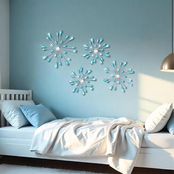 Hicarer 4 Pcs Starburst Wall Decor Bling Wall Art Crystal Teardrop 3D Hanging Rhinestone Radial Metal Artwork Modern Accent Sculptures Decorations for Living Room Home Office Bedroom(Blue)