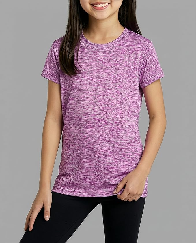 Real Essentials 5 Pack: Girls' Short Sleeve Dry-Fit Athletic T-Shirt - Active Gym Crew Neck Tops for Teens Kids (Ages 4-16)