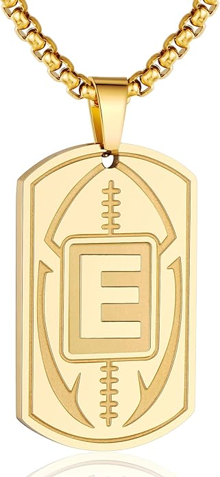 Initial A-Z Dog Tag Necklace for Men - Football Charm Pendant, Stainless Steel Chain 22+2 Inches, Personalized Sports Athletes Jewelry Gift