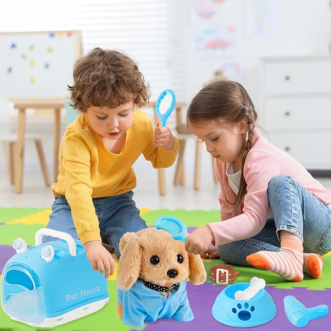 Dog Toys for Kids Girls, Walking and Barking Electronic Interactive Plush Puppy Toy Set and Pet Care Toy Set Accessories, Pretend Playset for Toddlers, Girl Role Play Gift for 3 4 5 6 Year Old
