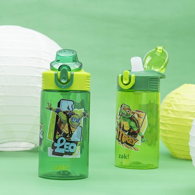 Zak Designs TMNT Sage Kids Water Bottle For School or Travel, 16oz Durable Plastic Water Bottle With Straw, Handle, and Leak-Proof, Pop-Up Spout Cover, 2-Pack Set (Teenage Mutant Ninja Turtles)