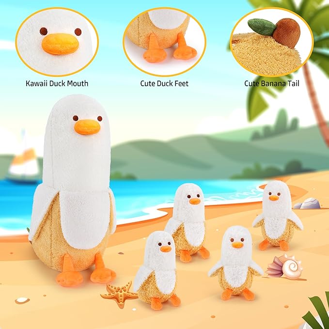 Auspicious Beginning 5-Piece Banana Duck Plush Family - Cute 20'' Mommy Duck with 4 Baby Duck Plushies - Kawaii Plush Toys for Kids' Birthdays