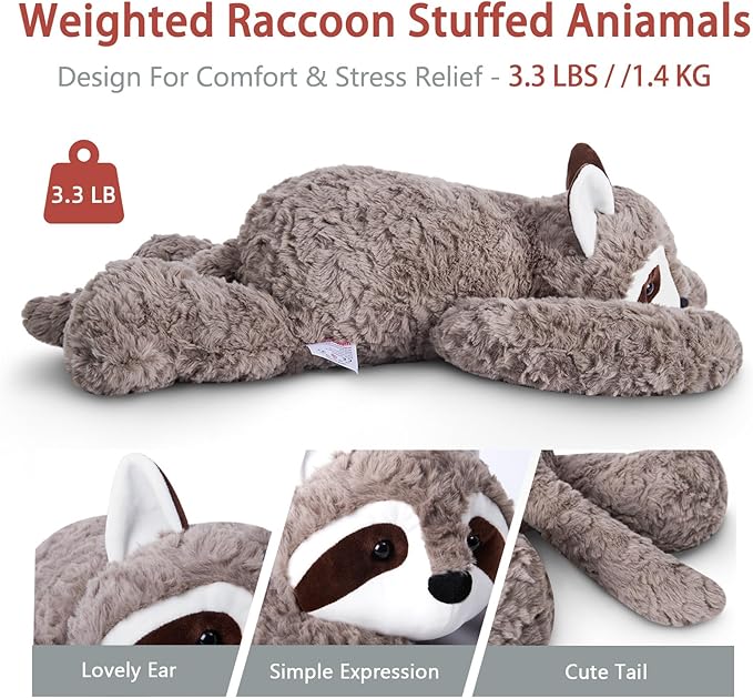 Niuniu Daddy 20" | 3.3 Pound Weighted Stuffed Animals for Kids, Fluffy Raccoon Sensory Plush Animal Toy for Sleeping Hugging, Cute Raccoon Weighted Pillow for Birthday Holiday Easter as Gifts Presents