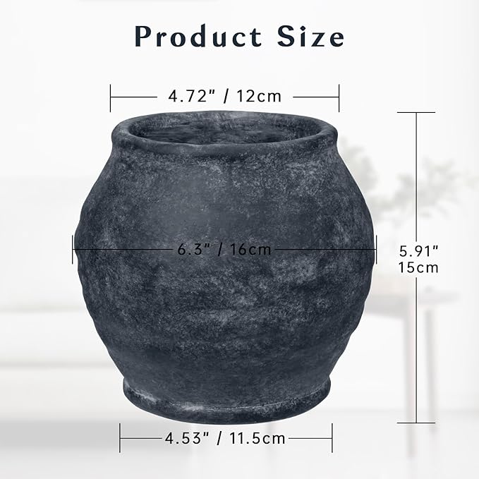 Briful Rustic Vintage Ceramic Pottery Vase, 6.1'' Farmhouse Table Decor with Distressed Texture, Wide Mouth Decorative Jar Vases for Home Decor, Shelf & Entryway, Black