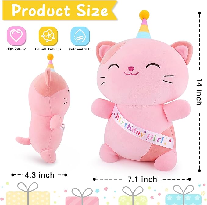 Achwishap Cat Stuffed Animal,Birthday Girls Cat Plush,14” Cats Plush Toys,Cute Plushies Birthday Gifts for Girls,Kawaii Kitten Plushie Huggging Pillow,Cuddly Animal Body Pillow for Kids Adults,Pink