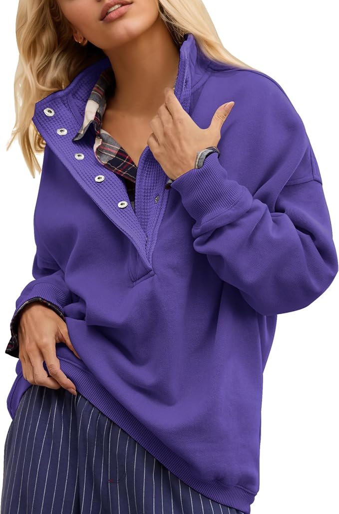 Gacaky Sweatshirt for Women Oversized Casual Long Sleeve Button Henley Neck Pullover Tops Fashion Outfits Clothes