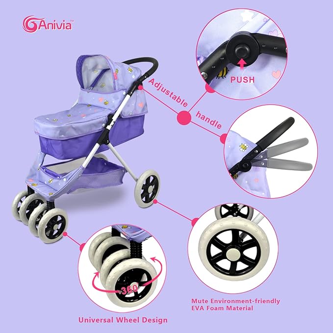 Anivia Dolls Pram, Doll Pushchair, 2 in 1 Stroller Dolls Pushchair Pram Toys Gift for Kids, Suitable Dolls Up to 18 inch