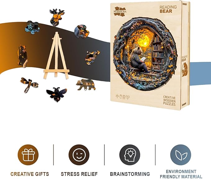 Wooden Puzzles for Adults - Reading Bear Wooden Jigsaw Puzzle, Unique Animal Shaped Wood Puzzles Adult, Christmas Birthday Gifts for Friends/Family, Home Decor 8.5 * 8.5in 100pcs