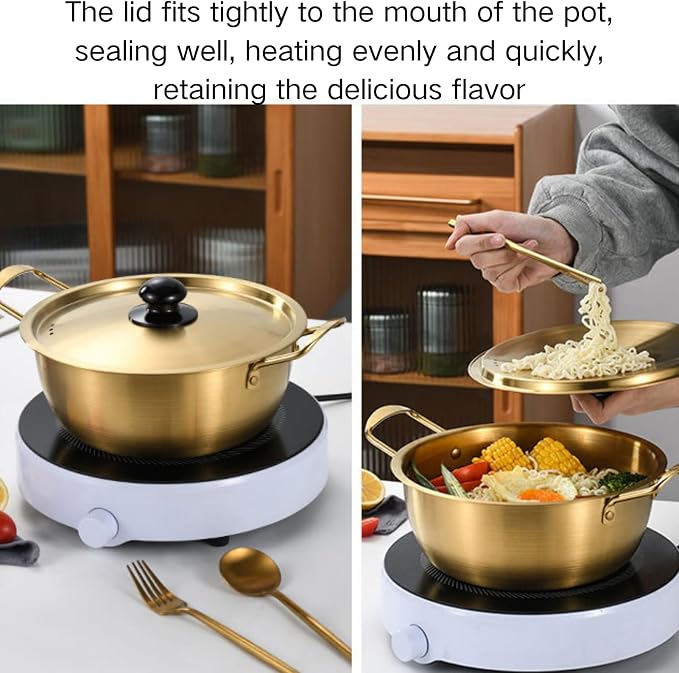 Korean Ramen Pot With Lid, 2 Pack Korean Noodle Cooker, Korean Pot Stainless Steel Cooking Pot for Soup, Pasta, Dishwasher Safe (7", 7.9")