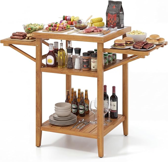 HAPPYGRILL Outdoor Wood Grill Table w/Faux Marble Top, 2-Tier Open Shelves | Outside Kitchen Island & BBQ Prep Table w/Drop-Leaf Side Panels, Acacia Wood Pizza Oven Grill Cart for Patio Backyard Party