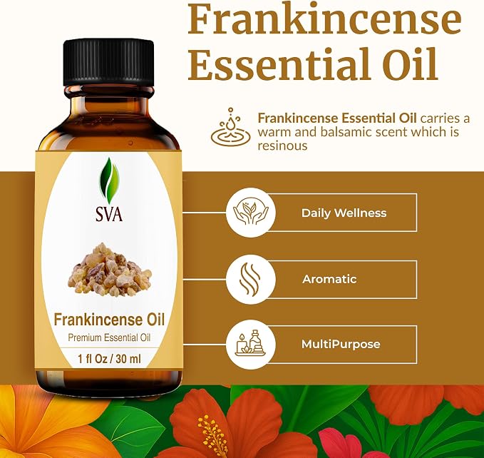 SVA Frankincense Essential Oil – 1 Fl Oz – for Diffuser, Skin & Hair Care – Ideal for Massage & DIY Blends – with Dropper