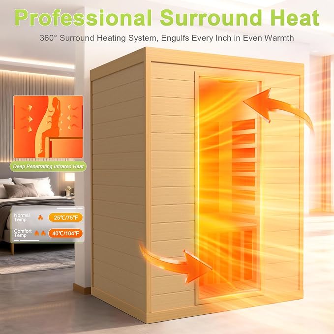 Far Infrared Sauna, Canadian Hemlock Wood Sauna Spa Room for Indoor,1062W 110V Low EMF Saunas with Control Panel and Integrated Speakers, Mini Home Sauna Room for One Person (Brown-2Person)