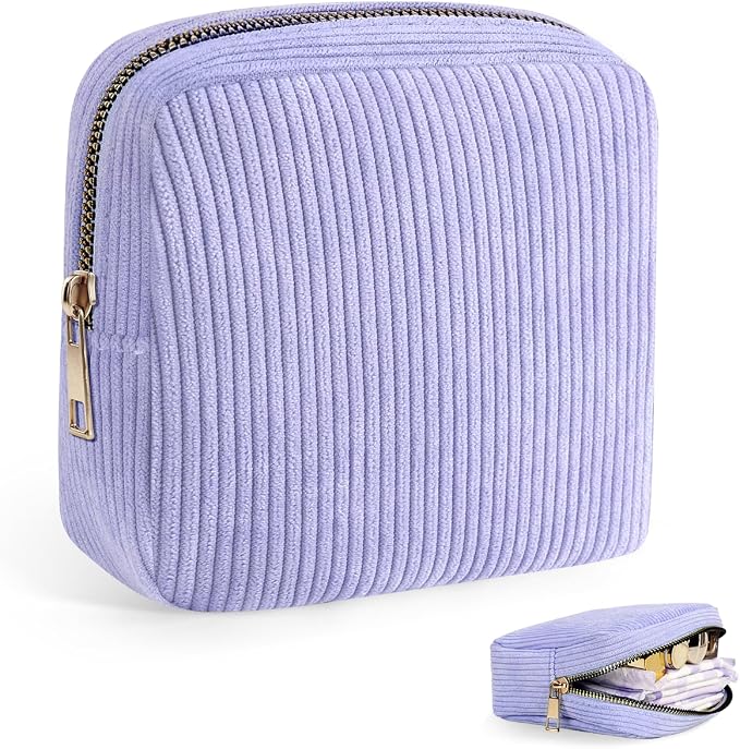 Corduroy Period Pouch Small Discreet Period Bag Sanitary Napkin Storage Bag Cute Menstrual Pad Pouch Tampon Bag for Purse Portable Zipper Makeup Bags for Women Ladies Lavender