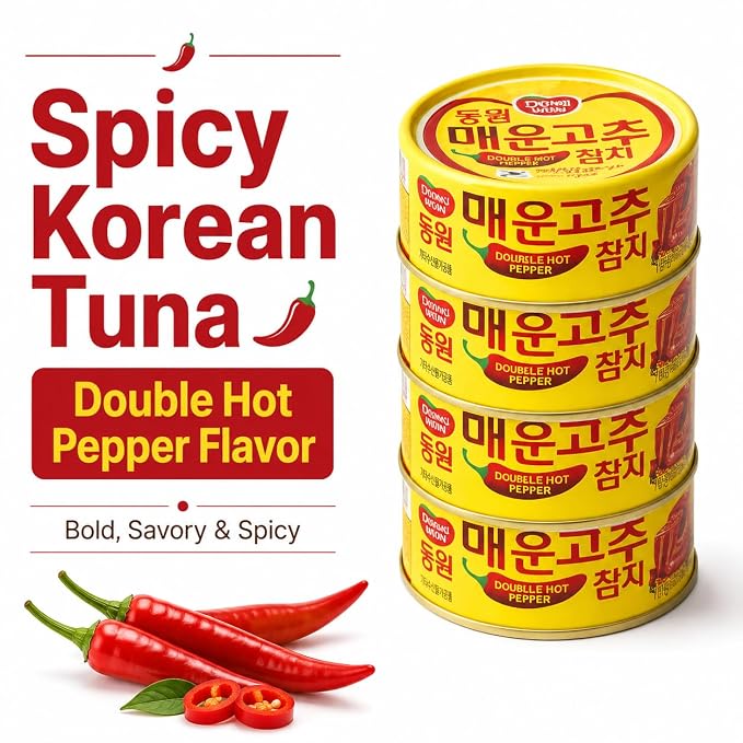 Double Hot Pepper Tuna, Korean Spicy Canned Tuna with Chili Pepper Sauce, High Protein Seafood, 4.76 oz (135g) Cans, 4 Pack (Dongwon)