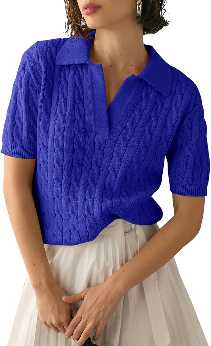 Imily Bela Womens Cable Short Sleeve Sweaters Tops Lapel V Neck Knit Shirt | Solid,Knit Casual,Soft Pullover,Fall Sweaters,Womens Summer Work Tops