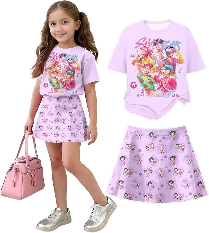 HTHLVMD K Pop Short Sleeve T-Shirt and Skirts Outfits Set for Girls Hunters Rumi Mira Zoey Graphic Tees De-Mon Costume