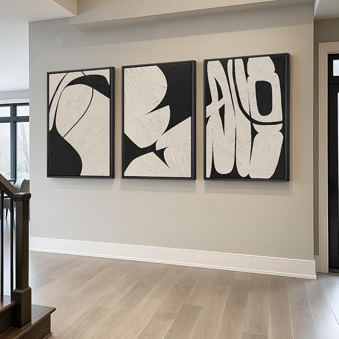 Large Framed Neutral Abstract Wall Art, 3 Piece Black and Beige, 24x36 In | Modern artwork, Canvas prints paintings, Wood frame, Minimalist abstract pictures, Wall decor for living room hallway office