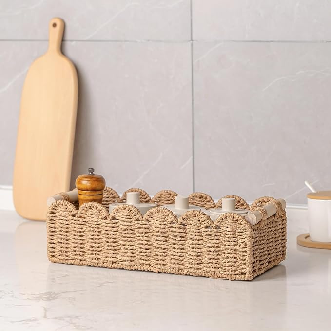 CubesLand Scalloped Toilet Paper Storage Basket W/Handle for Home Decor | Paper Rope Toilet Organizer Basket for Countertop, Over Toilet Shelf, End Table, Living Room, Bedroom Decor & More, Neutral