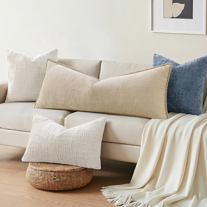decorUhome Soft Chenille Throw Pillow Covers 14x36 Pack of 1 Beige | Fall Textured Decorative Throw Pillow Cases Stitched Edge Modern Farmhouse Luxury Boho Velvet for Couch Sofa Bed Home Decor
