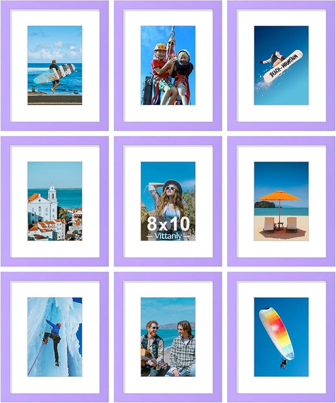 Vittanly 8x10 Picture Frames Set of 9 for Wall or Tabletop Display, Purple | Display Pictures 5x7 with Mat or 8x10 without Mat, Small Photo Frames, Engineered Wood with Shatter Resistant Plexiglass