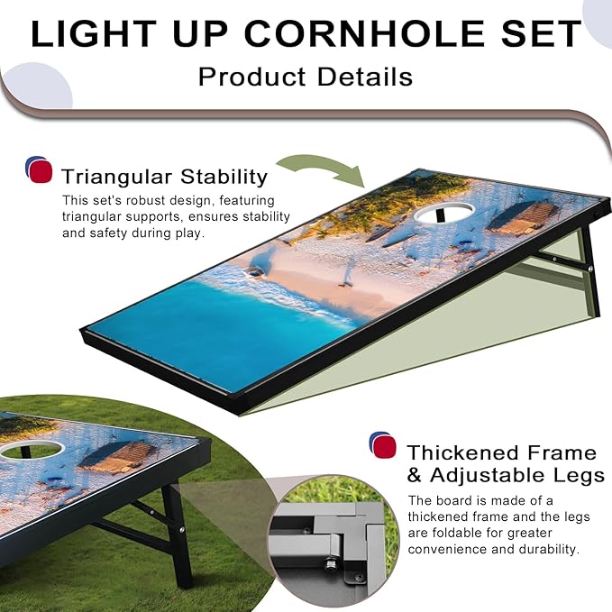 LED Cornhole Set, 3 x 2ft / 4 x2 ft Cornhole Board Game Set, Corn Hole Outdoor Game, Multi-Design with Light-Up Border, 8 Bean Bags, Carrying Case for Backyard, Beach, Lawn