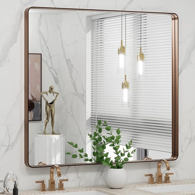 LOAAO 40"X36" Bronze Bathroom Mirrors for Vanity | Rounded Rectangle, Brushed Bronze Metal Frame, Anti-Rust, Tempered Glass, Hangs Horizontally or Vertically