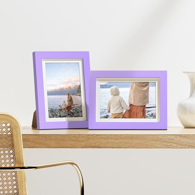 Vittanly 5x7 Picture Frames Set of 9 for Wall or Tabletop Display, Purple | Display Pictures 4x6 with Mat or 5x7 without Mat, Small Photo Frames, Engineered Wood with Shatter Resistant Plexiglass