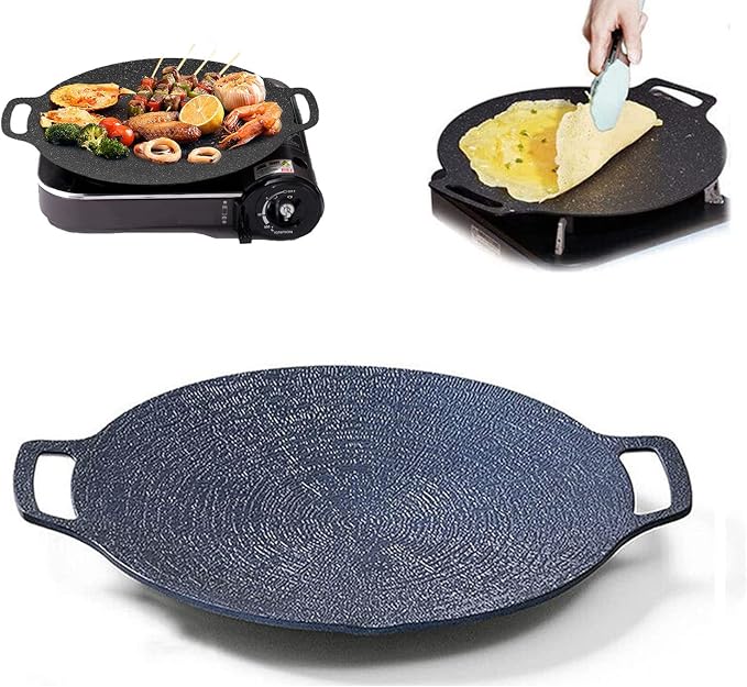 Multi-Function Medical Stone Grill Pan Non-Stick Pan,Non-Stick Coating Frying Pan,Round BBQ Griddle with Handle,Multifunctional Stove Plate for Meats,Pancakes,Ribs (14in)