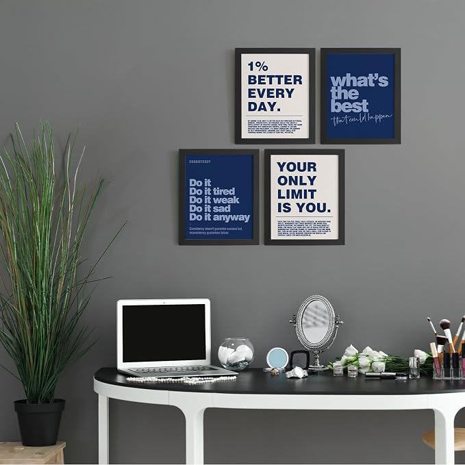 DSHFG Motivational Inspirational Office Wall Art Decor Prints 4Pcs | Navy Blue Office Motivational Wall Decor Trendy Retro Positive Affirmations Quotes Wall Decor Posters, 8x10 Unframed