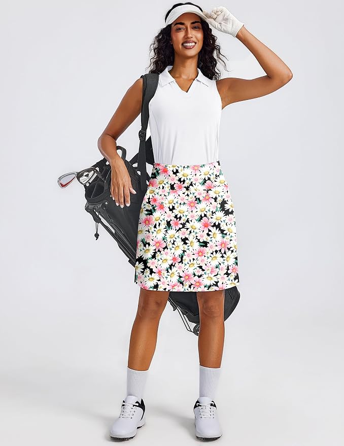 PINSPARK 20" Skorts for Woman Knee Length UPF 50+ Golf Skirts | 4 Pockets, Built-in Shorts, High Waisted, Split Hem, Silky-smooth, Moisture-wicking, for Golf Athletic Tennis Workout Casual