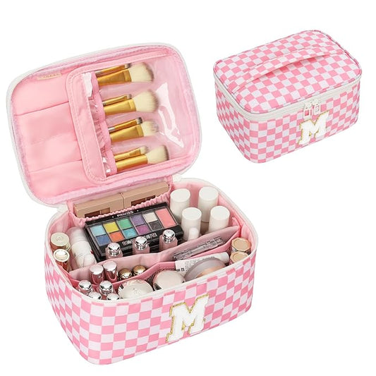 OCHEAL Makeup Bag Valentines Day Gifts for Women, Monogram Cosmetic Bag Pink Travel Makeup Case Beauty Toiletry Bag Organizer Personalized Gifts for Girls Bridesmaid, Sister, Wife, Friends Initial M
