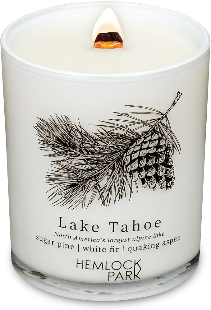 Hemlock Park Lake Tahoe Postcards Scented Candle | Crackling Wood Wick, Botanical Fragrance & Coconut Apricot Wax | Up to 50 Hour Burn Time | 7.2 oz | Made in USA