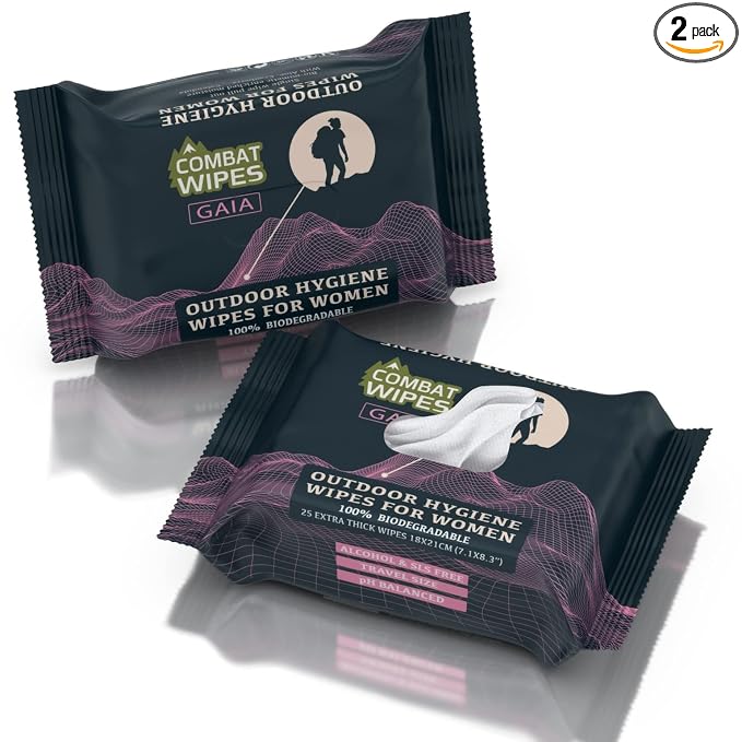 Combat Wipes Gaia - Feminine Hygiene Outdoor Wet Wipes - Extra Thick, Ultralight, Biodegradable, pH Balanced Cloths for Women (50 (Count (Pack of 2))