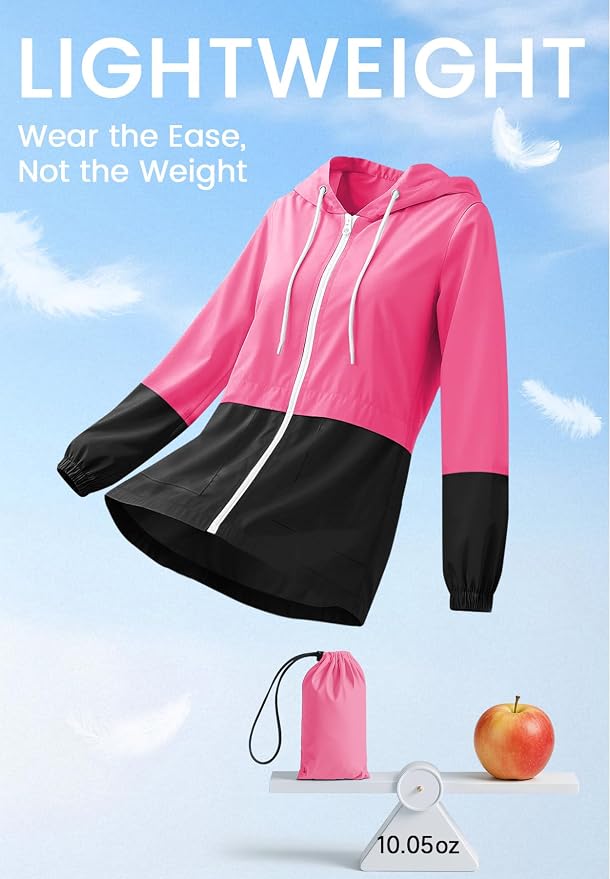 Zando Lightweight Rain Jacket Women Packable Waterproof Raincoat with Hood | Windbreaker Jacket Women, Light Raincoats for Drizzle, Rain Coats for Travel, Hiking and Commute