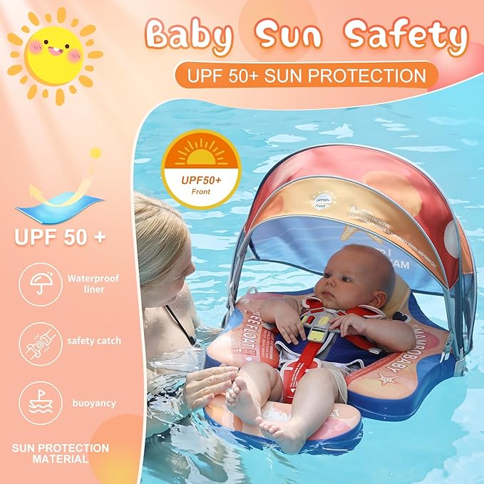 Baby Floats for Pool with Canopy Removable Sun Protection Canopy Mambobaby Float Non Inflatable Upgrade Add Tail Avoid Flip Waterproof Skin-Friendly Infant Swim Float 3-24 Months