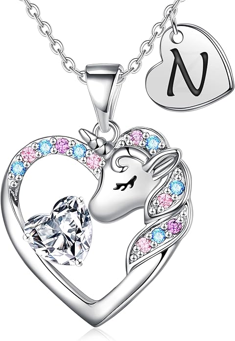 Unicorn Necklace Gifts for Girls Kids - Colorful CZ Heart Initial Necklaces Unicorn Necklace for Girls Jewelry Birthday Gifts for Little Girl Kids