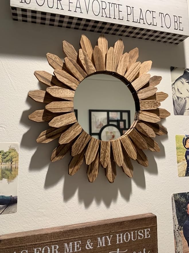 Wall Mirror Decorative 12 inch Rustic Wood Mirror Sunburst Boho Mirror for Entryway Bedroom Living Room Bathroom House Warming Gifts New Home Essential Carbonized Black