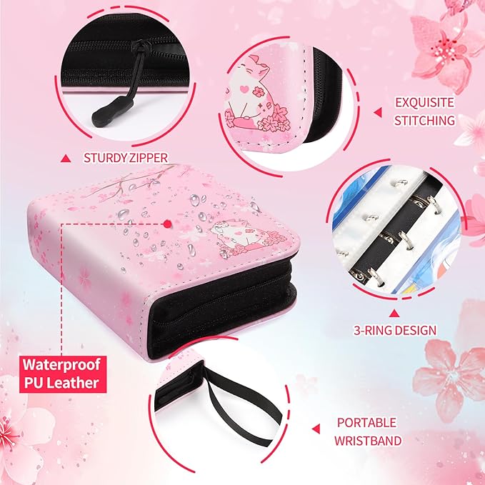 Small 1 Pocket Card Binder for Cards,Mini Trading Card Binder Holder Fits 80 Cards with 40 Removable Sleeves,Card Collection Binder Album Book Case for TCG,MTG,Sports Games (Sakura Cat)