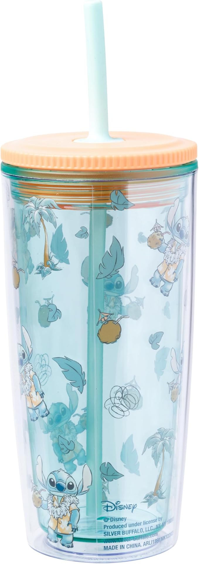 Silver Buffalo Disney Lilo and Stitch Featuring Stitch in Hawaiian Shirt, Lei, and Coconut Drink and Tropical Vibes Pattern Spill Resistant Plastic Tumbler and Straw, 20 Ounces