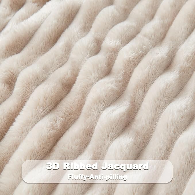 NEWCOSPLAY Super Soft Twin Blanket Linen Premium Silky Flannel Fleece 3D Ribbed Jacquard Lightweight Bed Blanket All Season Use (Linen Ribbed, Twin(60"x80"))