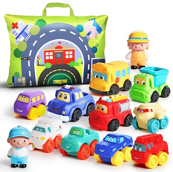 ALASOU 12 PCS Soft Rubber Car Toys for 1 Year Old Boy with Playmat/Storage Bag|Baby Toys 1 Year Old Boy Gifts for Toddler Toys 1-2|1st Birthday Gift for Infant 12 18 Months