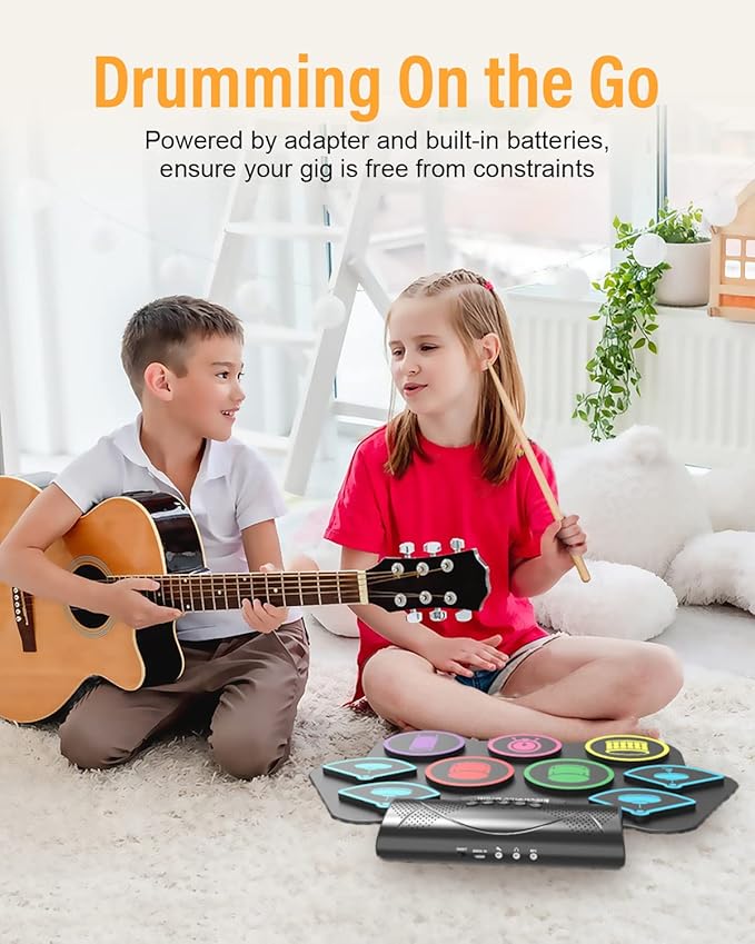 9 Pad Electronic Drum Set, Roll Up Portable Drum Pad Kit with MIDI Bluetooth, Built-in Speaker, Supports Headphone/Bluetooth, Great Christmas & Birthday Gift Gift for Kids and Beginners