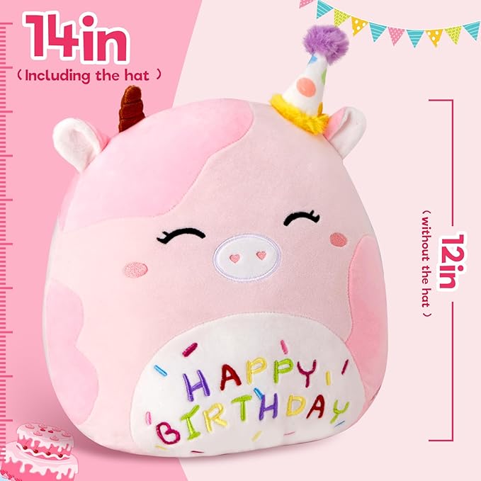 Light up Musical Happy Birthday Cow Plush Pillow,LED Stuffed Animals,Pink Cow Glowing Singing Plush Toy,Cute Plushie Doll Birthday Gift for Toddler Boys Girls,14''