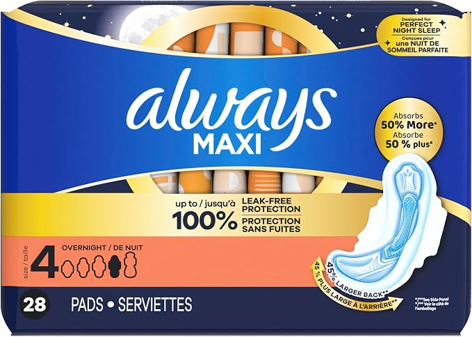 Always Maxi Overnight Pads with Wings for Women, Size 4, Overnight Absorbency, Unscented,84 Count (Pack of 2)