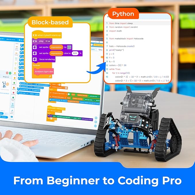 Makeblock mBot2 Rover Emo Robot Programming for Kids, Interactive Robotics Kit Learning and Outdoor Play, Remote Control Coding for Kids 8-12 and up, STEM Educational Building Toys Gifts